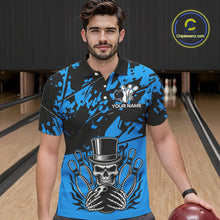 Load image into Gallery viewer, Black and Blue Camo Skull Bowling Polo, Quarter Zip Shirt for Men Custom Skull Team bowling jersey NQS10007