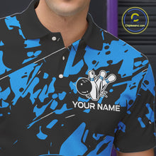 Load image into Gallery viewer, Black and Blue Camo Skull Bowling Polo, Quarter Zip Shirt for Men Custom Skull Team bowling jersey NQS10007