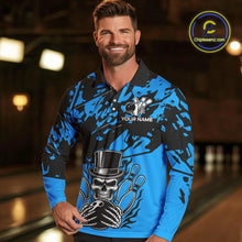 Load image into Gallery viewer, Black and Blue Camo Skull Bowling Polo, Quarter Zip Shirt for Men Custom Skull Team bowling jersey NQS10007