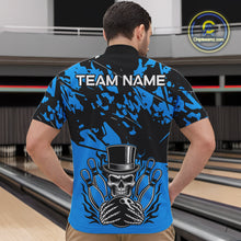 Load image into Gallery viewer, Black and Blue Camo Skull Bowling Polo, Quarter Zip Shirt for Men Custom Skull Team bowling jersey NQS10007