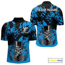 Load image into Gallery viewer, Black and Blue Camo Skull Bowling Polo, Quarter Zip Shirt for Men Custom Skull Team bowling jersey NQS10007