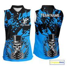 Load image into Gallery viewer, Black and Blue Camo Skull Bowling sleeveless polo Shirt Custom Skull Team bowling jersey NQS10007