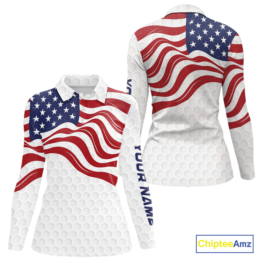 Red, White and Blue American Flag Women golf polo shirts custom women's patriotic golf apparel NQS10169