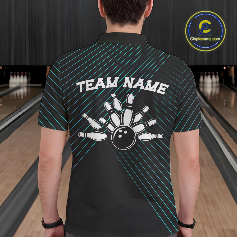 Black and Blue Skull Bowling Polo, Quarter Zip Shirts For Men Custom Bowling Team Jerseys Outfits NQS10171