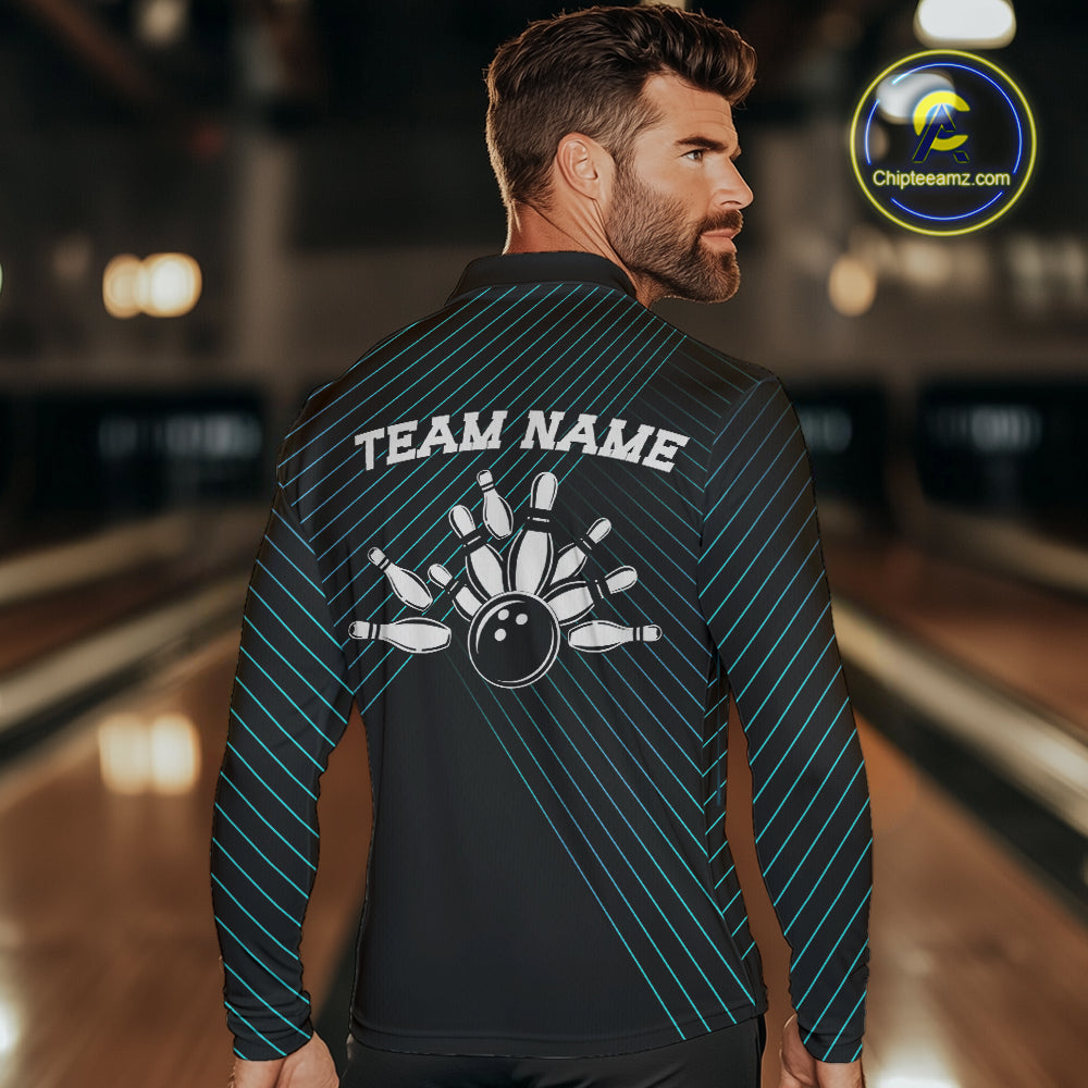Black and Blue Skull Bowling Polo, Quarter Zip Shirts For Men Custom Bowling Team Jerseys Outfits NQS10171