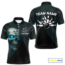Load image into Gallery viewer, Black and Blue Skull Bowling Polo, Quarter Zip Shirts For Men Custom Bowling Team Jerseys Outfits NQS10171