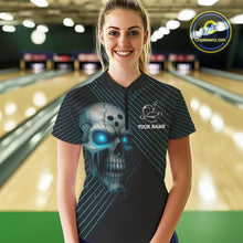 Load image into Gallery viewer, Black and Blue Skull Bowling Polo, Quarter Zip Shirts For Women Custom Bowling Team Jerseys Outfits NQS10171