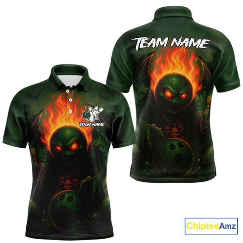 Custom Halloween Bowling Shirt For Men Green Flame Skull, personalized bowling shirts for team bowler NQS10312