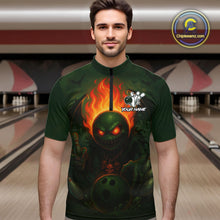 Load image into Gallery viewer, Custom Halloween Bowling Shirt For Men Green Flame Skull, personalized bowling shirts for team bowler NQS10312