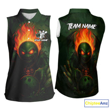 Load image into Gallery viewer, Custom Halloween Bowling Sleeveless Polo Shirt Green Flame Skull, personalized bowling shirt for team NQS10312