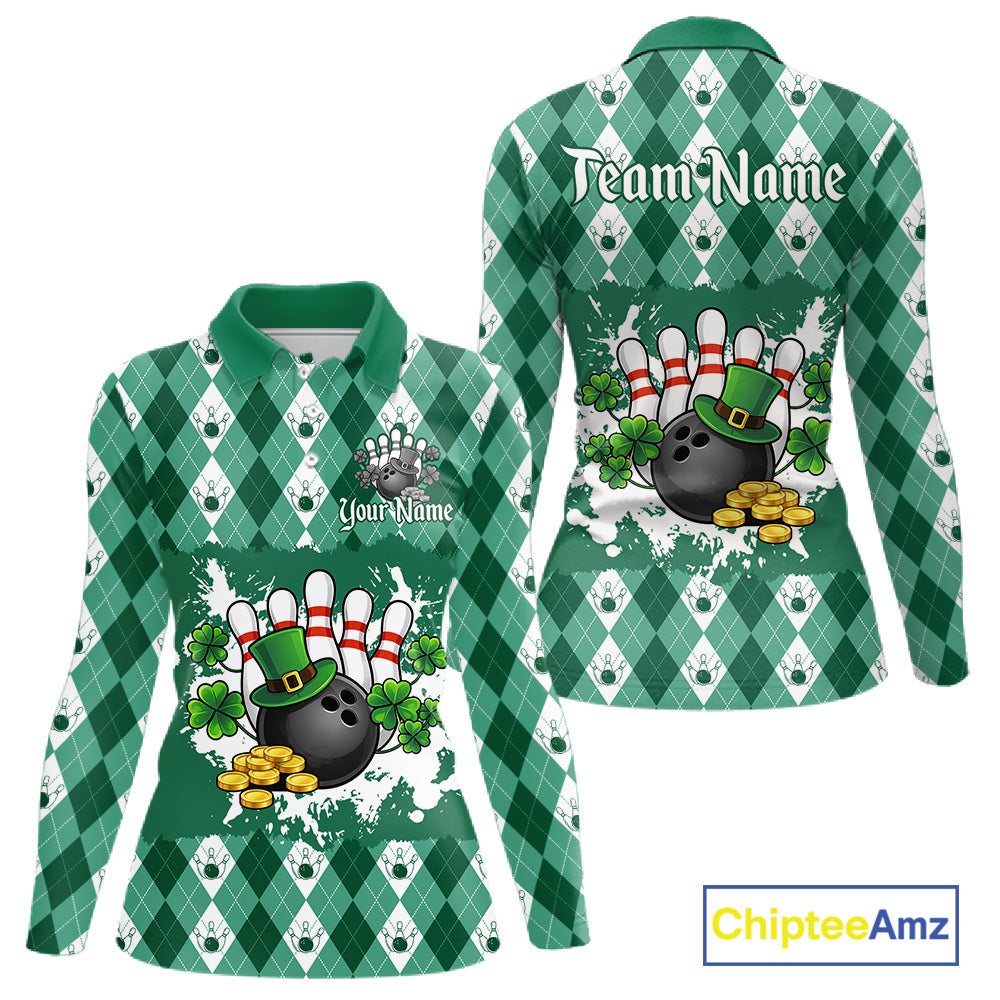 Argyle pattern St Patrick Green Bowling Polo, 1/4 zip shirts for Women Custom team bowling jerseys NQS11535