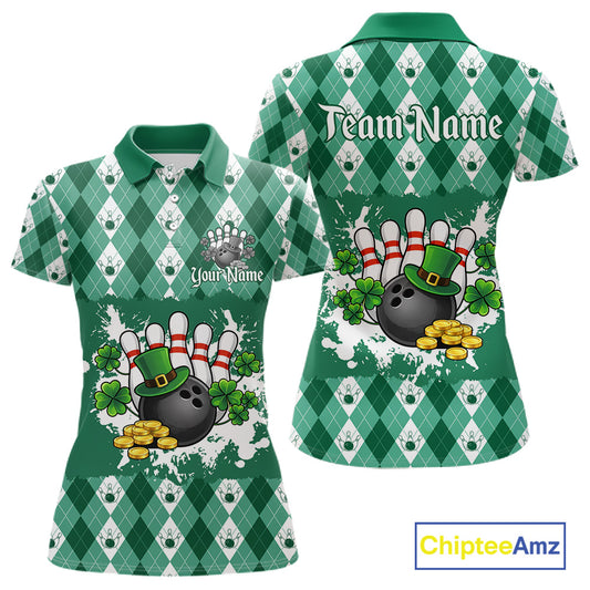 Argyle pattern St Patrick Green Bowling Polo, 1/4 zip shirts for Women Custom team bowling jerseys NQS11535
