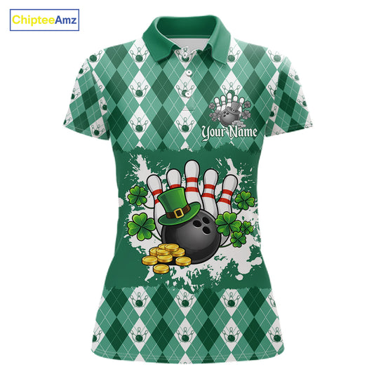 Argyle pattern St Patrick Green Bowling Polo, 1/4 zip shirts for Women Custom team bowling jerseys NQS11535
