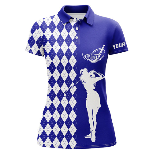 Personalized white argyle plaid pattern Womens golf polo shirts, custom Blue golf apparel for ladies NQS7907