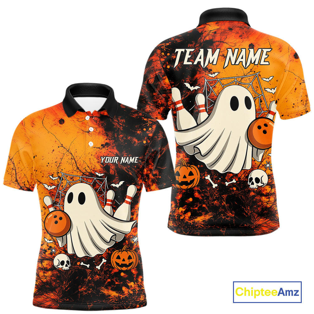 Custom Orange Boo Bowling Men Polo, Quarter Zip Shirts Bowling League Team Jerseys Halloween Outfits NQS10523