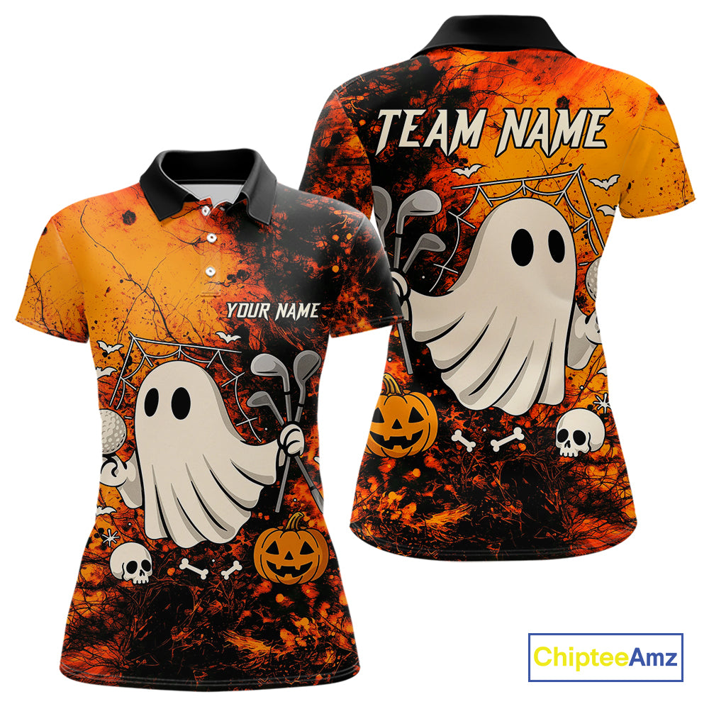 Custom Orange Halloween Boo Golf Polo Shirts for Women, Halloween Ladies Golf Outfits NQS10524