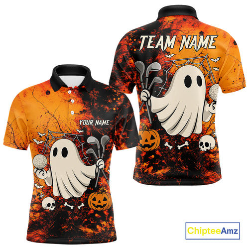 Custom Orange Halloween Boo Golf Polo Shirts for Men, Halloween Mens Golf Outfits NQS10524