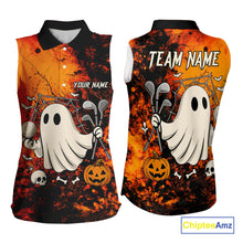 Load image into Gallery viewer, Custom Orange Halloween Boo Sleeveless polo shirt for Women, Halloween Ladies Golf Outfits NQS10524