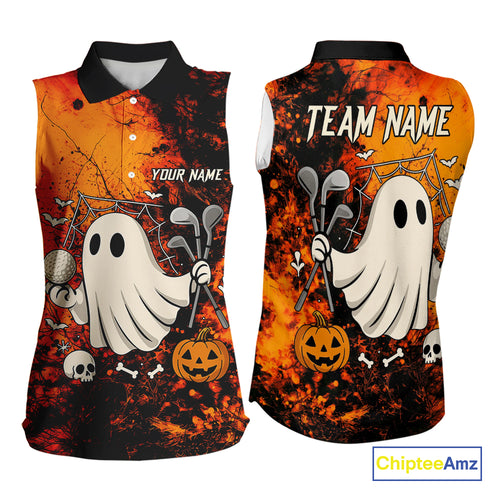Custom Orange Halloween Boo Sleeveless polo shirt for Women, Halloween Ladies Golf Outfits NQS10524