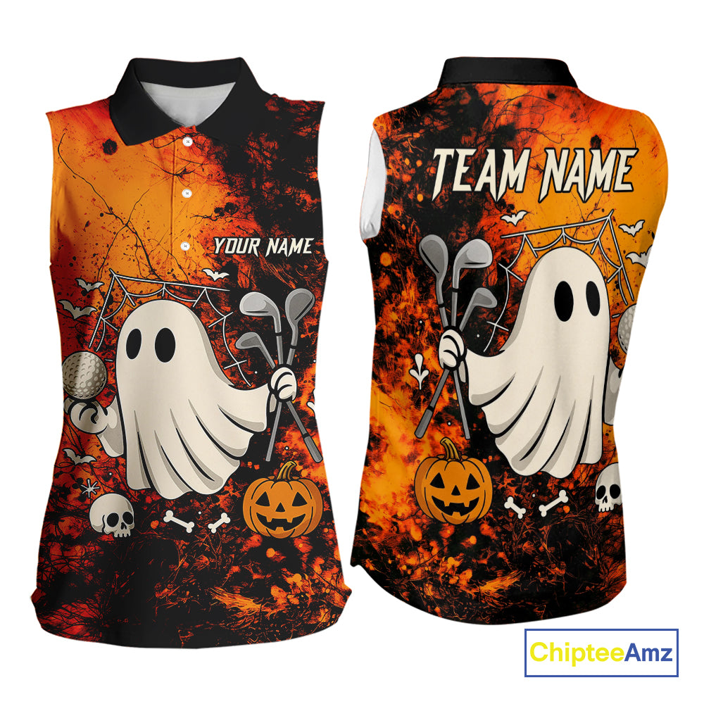 Custom Orange Halloween Boo Sleeveless polo shirt for Women, Halloween Ladies Golf Outfits NQS10524