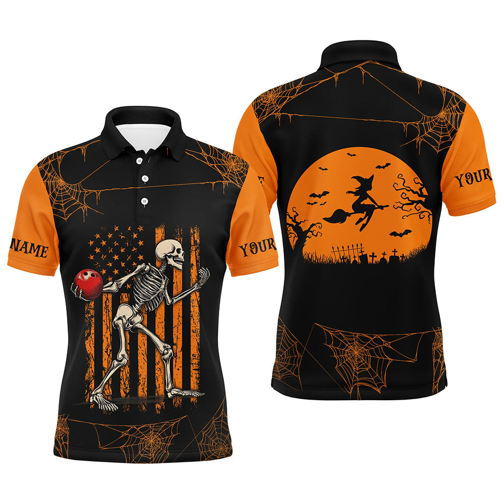 Funny Black and Orange American Flag Halloween skull custom Mens bowling shirts, Bowling Team Jerseys NQS8551