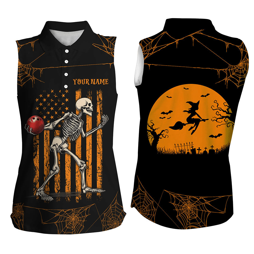 Funny Black and Orange American Flag Halloween skull custom Women sleeveless polo shirt Bowling Jersey NQS8551