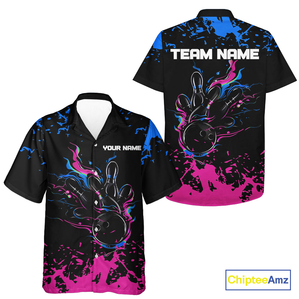 Personalized Black, Blue and Pink Bowling Hawaiian Shirt, Bowling Ball & Pins Bowling Team Shirts NQS10742