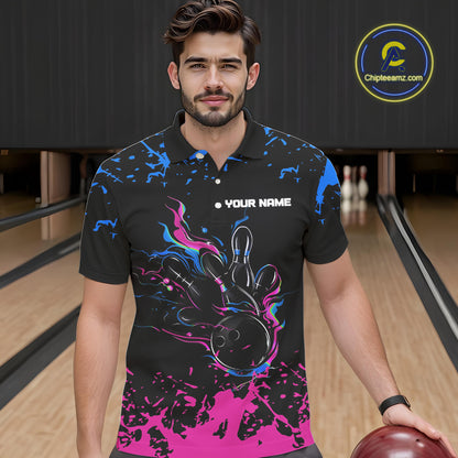 Personalized Black, Blue and Pink Bowling Shirts For Men, Bowling Balls And Pins Bowling Team Shirts NQS10742