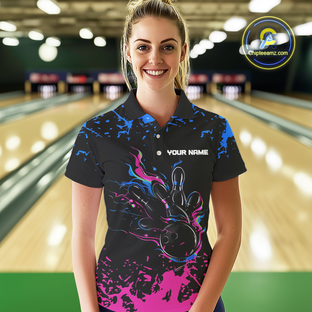 Personalized Black, Blue and Pink Bowling Shirts For Women, Bowling Ball & Pins Bowling Team Shirts NQS10742