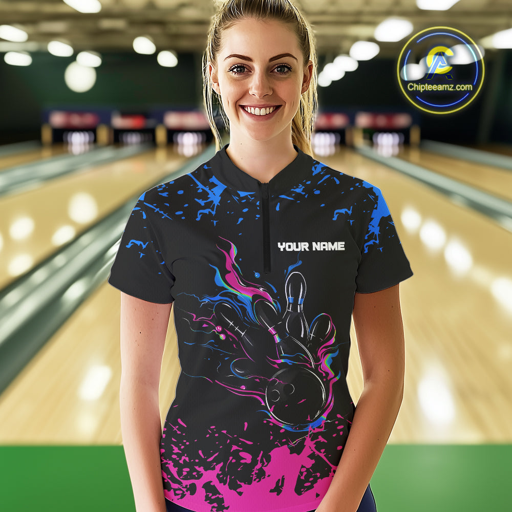 Personalized Black, Blue and Pink Bowling Shirts For Women, Bowling Ball & Pins Bowling Team Shirts NQS10742