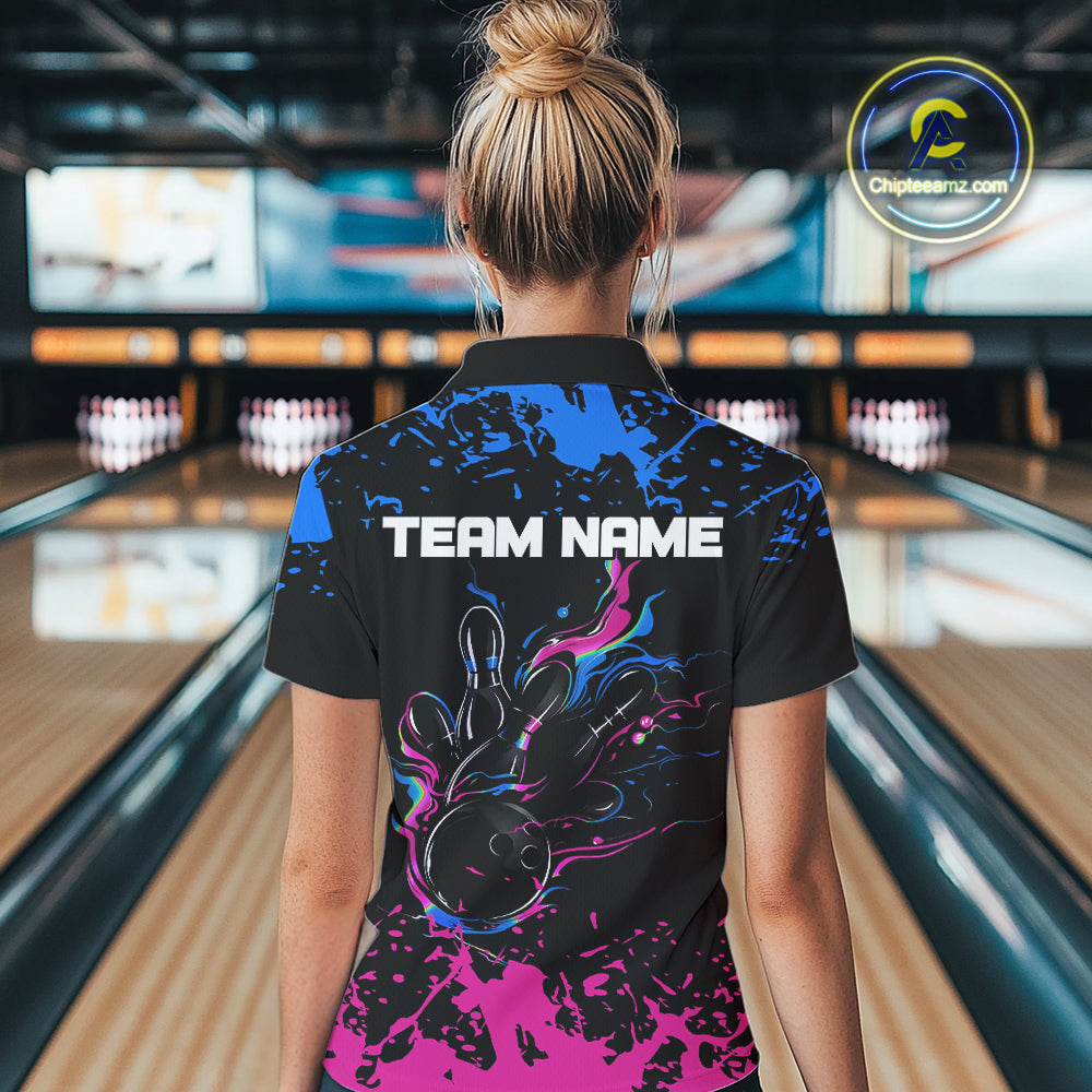 Personalized Black, Blue and Pink Bowling Shirts For Women, Bowling Ball & Pins Bowling Team Shirts NQS10742