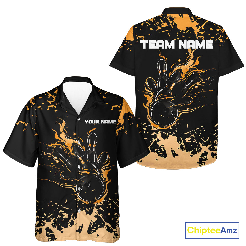 Personalized Black and Orange Bowling Hawaiian Shirt, Bowling Balls And Pins Bowling Team Shirts NQS10743