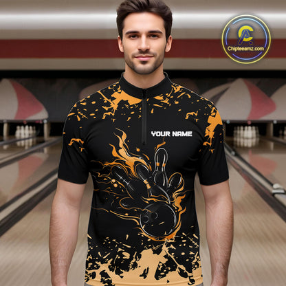 Personalized Black and Orange Bowling Shirts For Men, Bowling Balls And Pins Bowling Team Shirts NQS10743