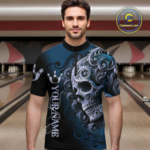 Load image into Gallery viewer, Blue and Black Skull Scroll Men Bowling Polo, Quarter Zip Shirts Custom Skull Team bowling Jersey NQS10939