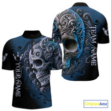 Load image into Gallery viewer, Blue and Black Skull Scroll Men Bowling Polo, Quarter Zip Shirts Custom Skull Team bowling Jersey NQS10939