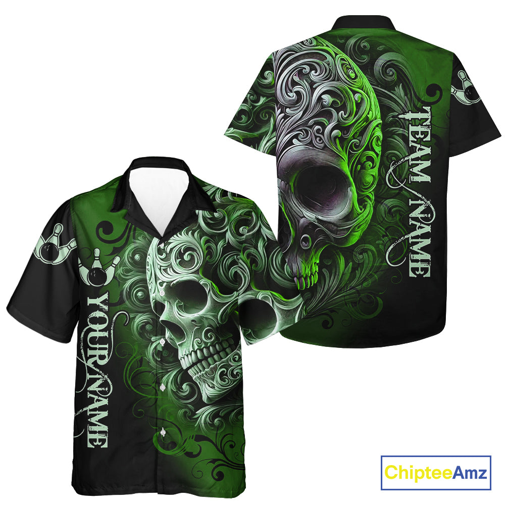 Green and Black Skull Scroll Bowling Hawaiian Shirt Custom Skull Team Bowling League Shirts NQS10940