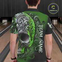 Load image into Gallery viewer, Green and Black Skull Scroll Men Bowling Polo, Quarter Zip Shirts Custom Skull Team bowling Jersey NQS10940