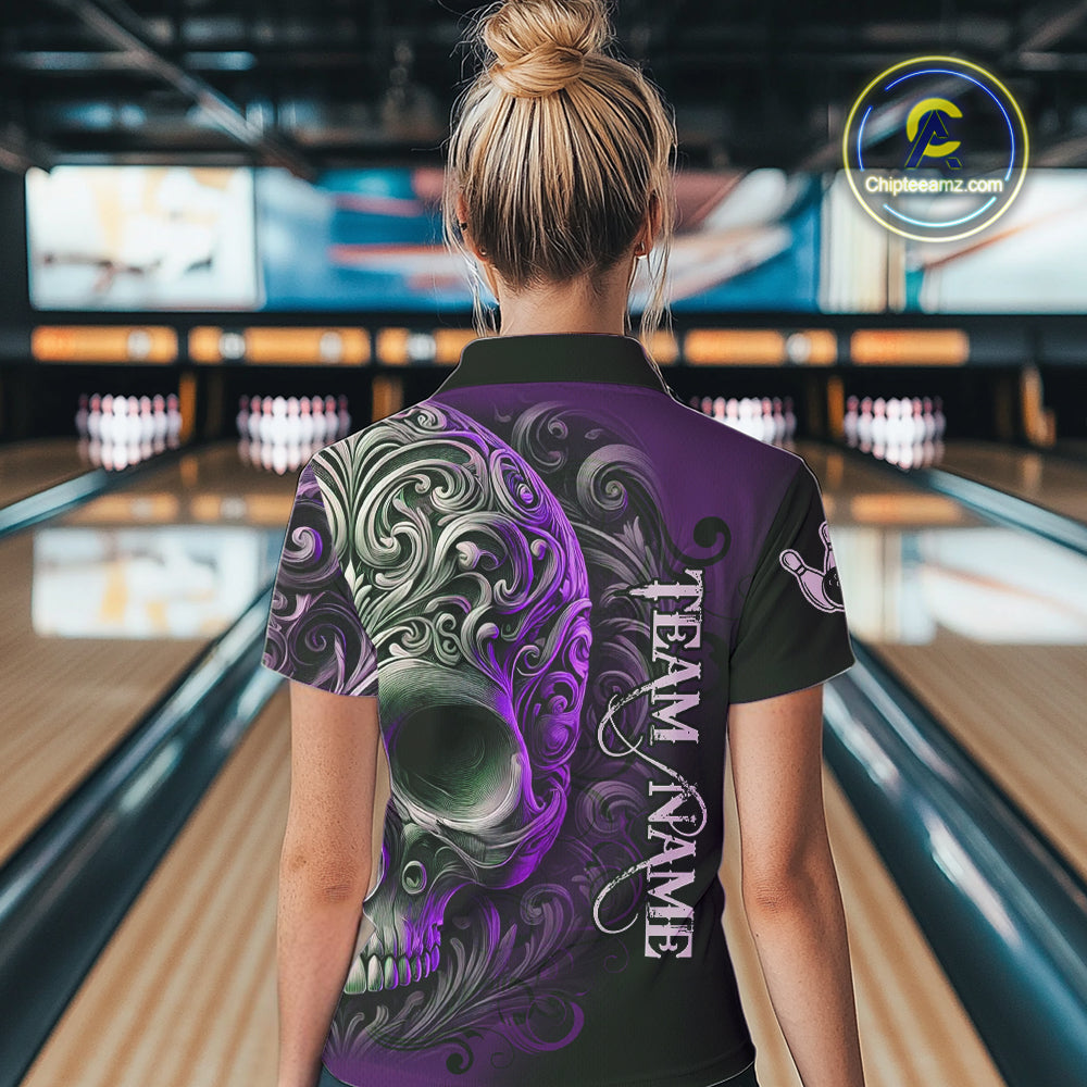 Purple and Black Skull Scroll Women Bowling Polo, Quarter Zip Shirts Custom Skull Team bowling Jersey NQS10941