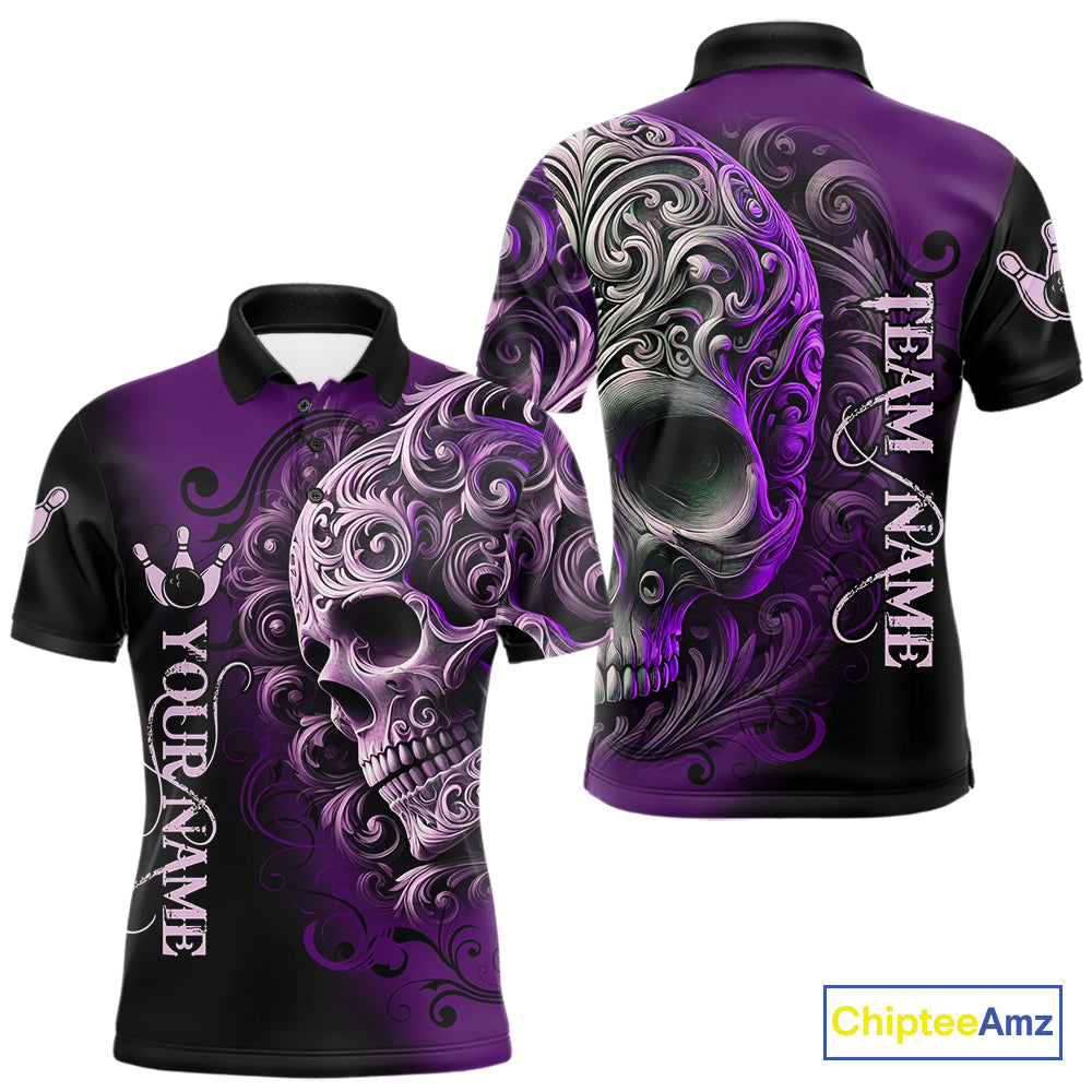Purple and Black Skull Scroll Men Bowling Polo, Quarter Zip Shirts Custom Skull Team bowling Jersey NQS10941