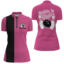 Load image into Gallery viewer, Splits 'n Giggles Bowling polo, 1/4 zip Shirt For Women Personalized Pink retro bowling Jerseys NQS9029