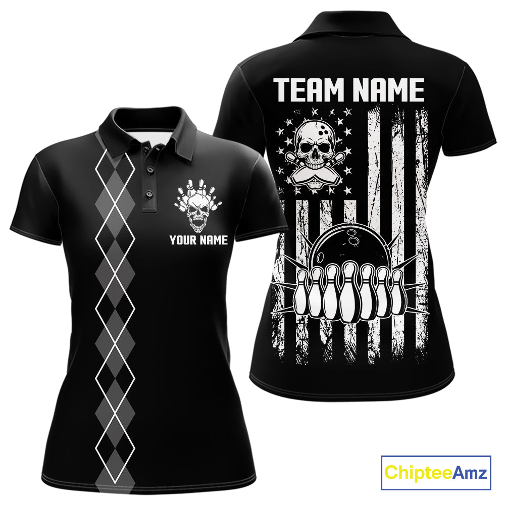 Custom Black and White argyle American Flag Skull retro Womens Bowling Shirts patriotic Team Jerseys NQS11131