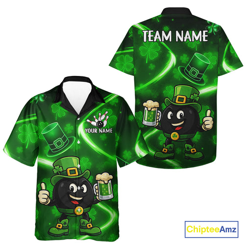 Green shamrock pattern Funny Bowling Hawaiian Shirts Custom St Patrick Day Lucky Team Bowling Jersey NQS11133