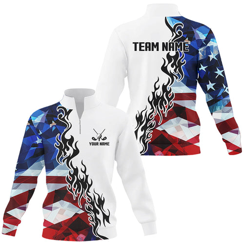 American Flag Fire Flame White Quarter zip golf sweatshirt custom patriotic team golf sweater attire NQS9271