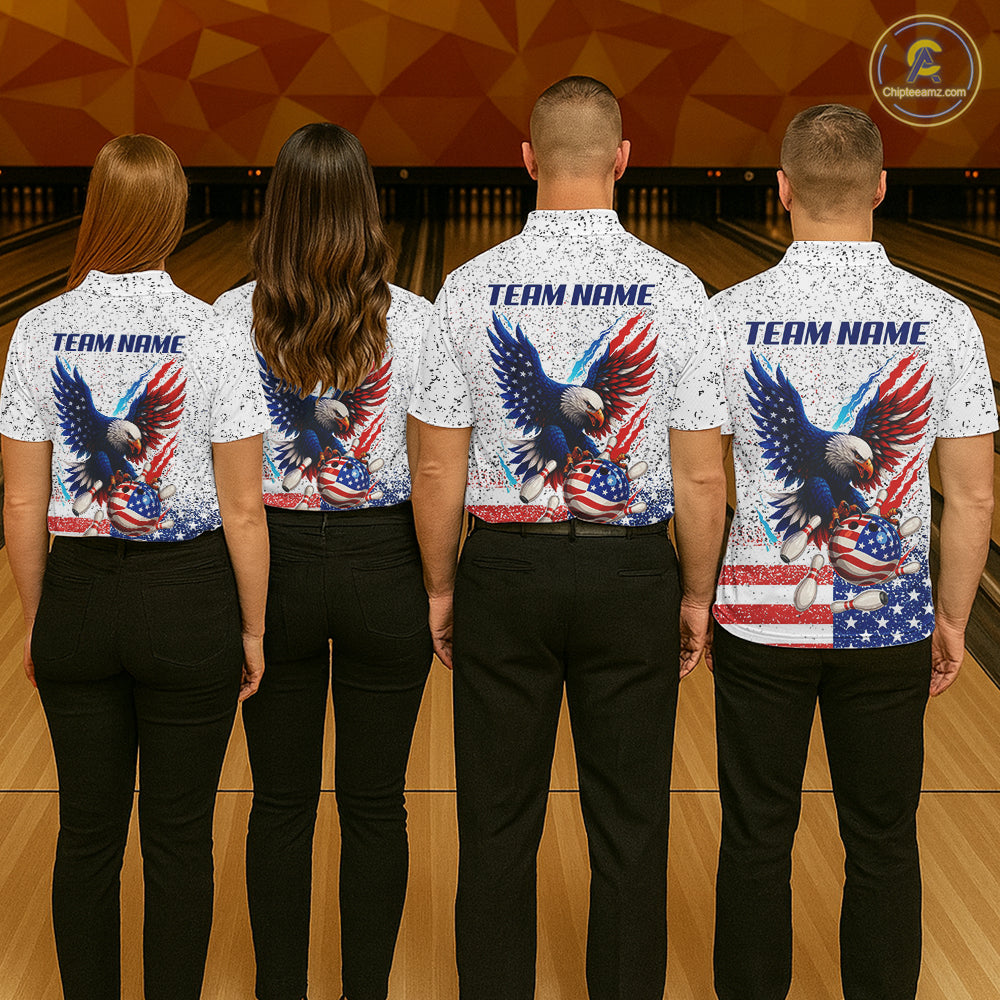 Grunge American Flag Eagle Bowling Polo, 1/4 Zip Shirt For Men Custom patriotic Team Bowling jerseys NQS11327