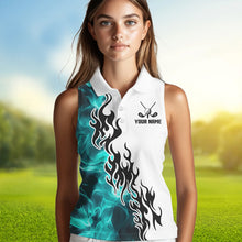 Load image into Gallery viewer, Blue Turquoise Flame pattern Black White Womens sleeveless polo shirts custom golf attire for women NQS9436