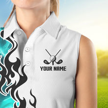 Load image into Gallery viewer, Blue Turquoise Flame pattern Black White Womens sleeveless polo shirts custom golf attire for women NQS9436
