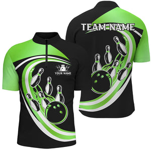 Black and Green Bowling Polo, 1/4 Zip Shirt For Men Custom Bowling Team League Jersey, Gift For Bowler NQS9043