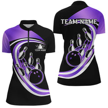 Load image into Gallery viewer, Black &amp; Purple Bowling Polo, 1/4 Zip Shirt For Women Custom Bowling Team League Jersey,Gift For Bowler NQS9044