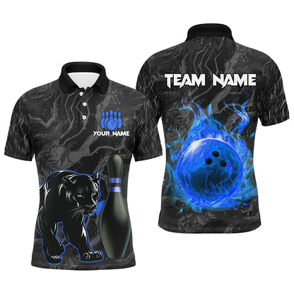 Black Camo Panther Blue Flame Bowling Polo, 1/4 Zip Shirts For Men Custom Bowling Team League Jersey NQS9443