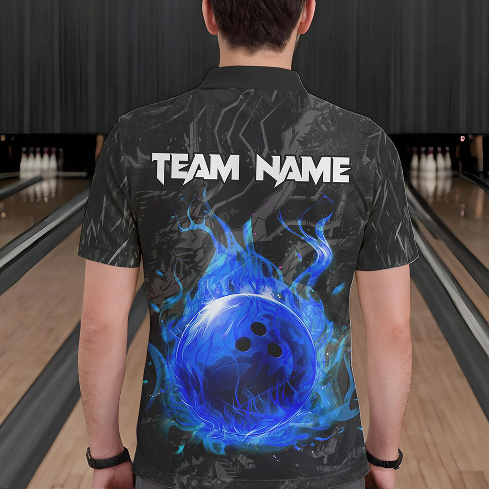 Black Camo Panther Blue Flame Bowling Polo, 1/4 Zip Shirts For Men Custom Bowling Team League Jersey NQS9443